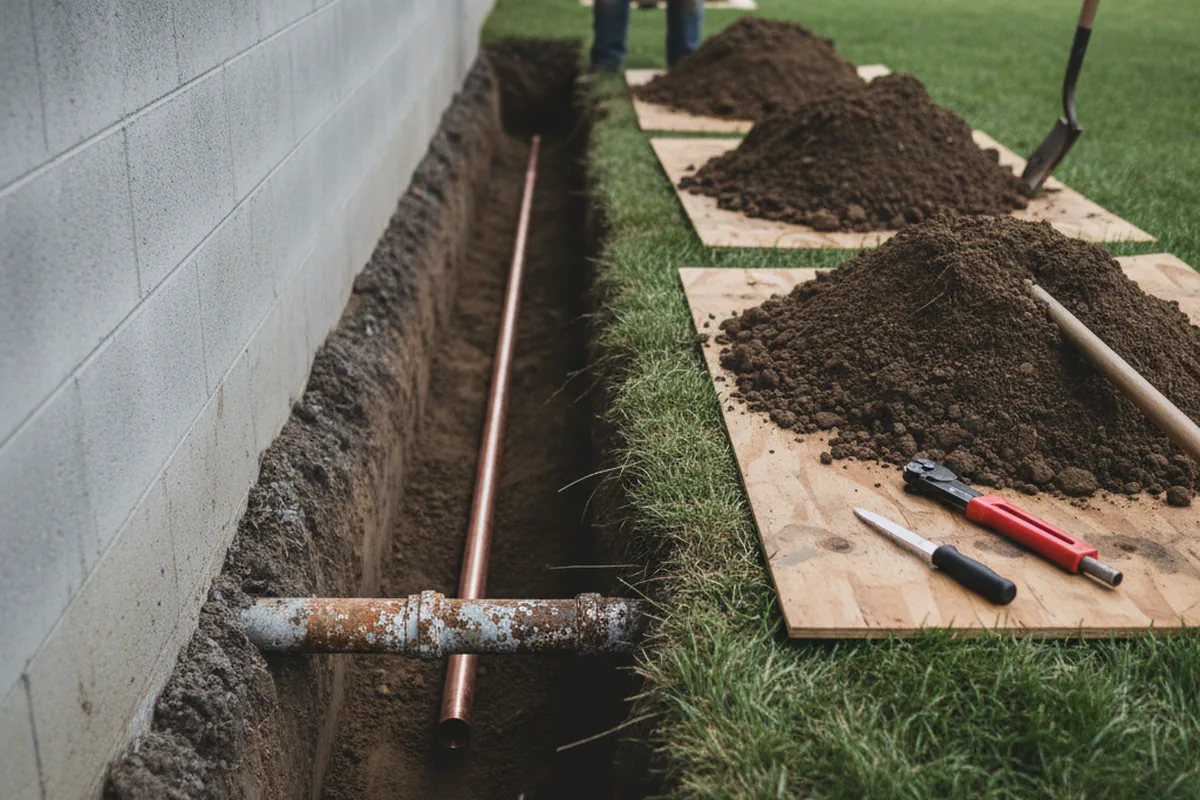 Excavated water line trench during Water Softener Installation in Arbuckle